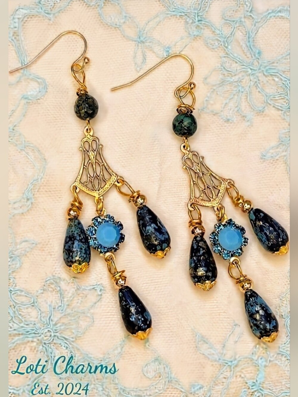 Victorian Turquoise & Flower Crystal In Three Strand Chandelier Gold Earrings